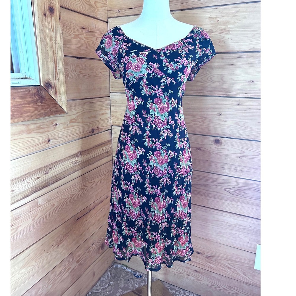 Vintage Floral Midi Dress Womens Medium Black Pink Beaded April Cornell Ditsy